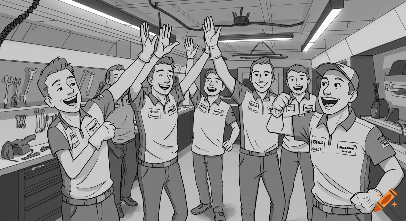 Black and white cartoon drawing of mechanics in a garage celebrating with high fives.