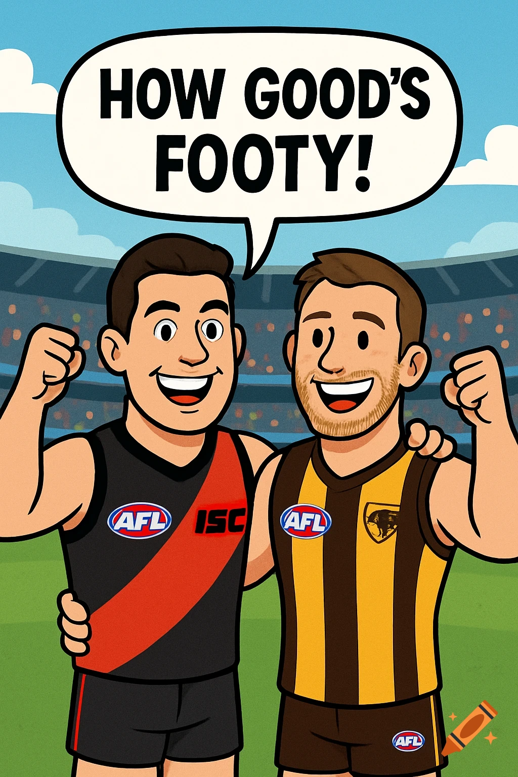 Cartoon of two men in AFL uniforms celebrating in a stadium with a speech bubble saying 'How good's footy!'
