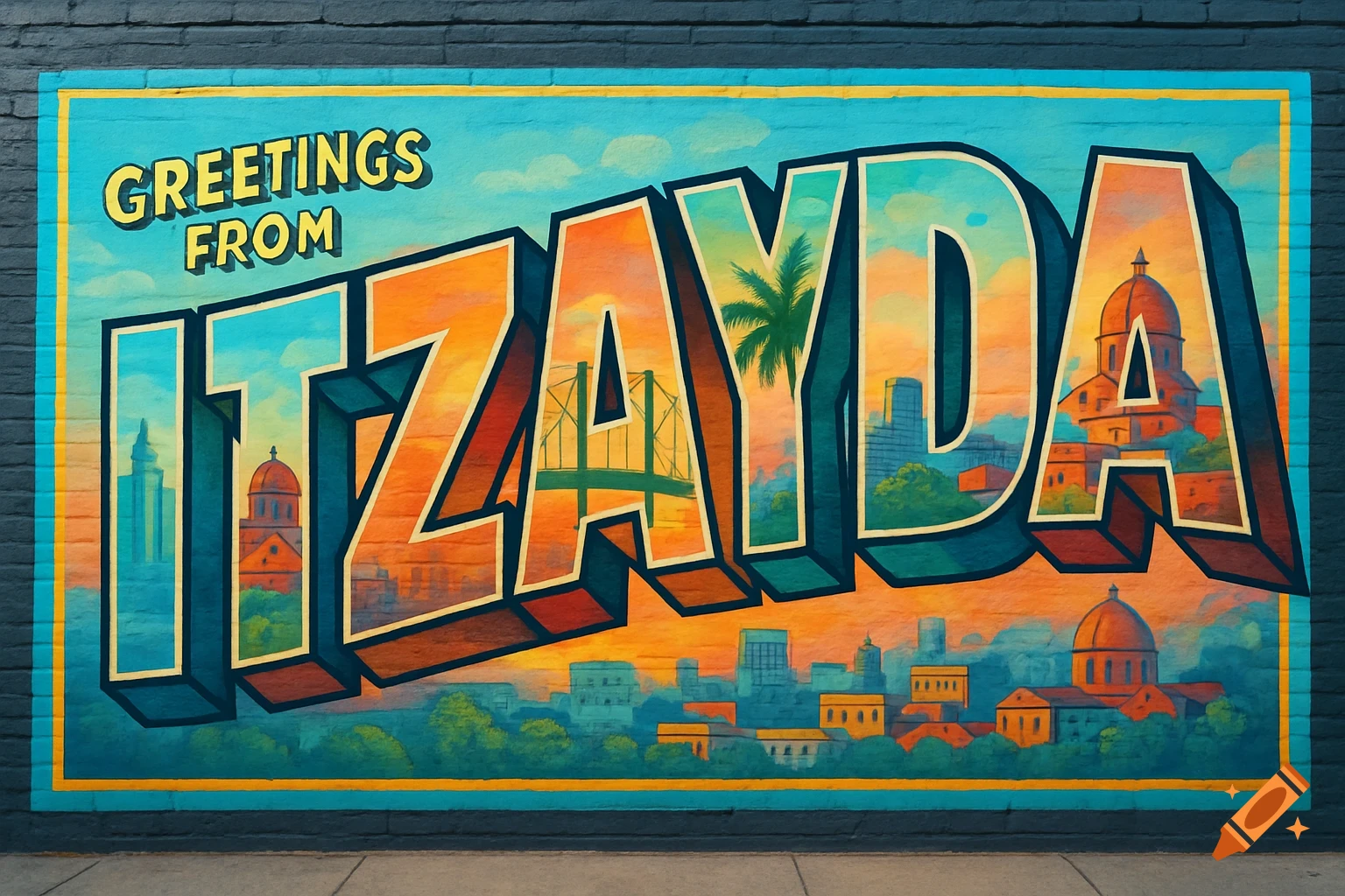 Colorful cityscape mural with large 3D letters spelling "GREETINGS FROM ITZAYDA" on a brick wall.