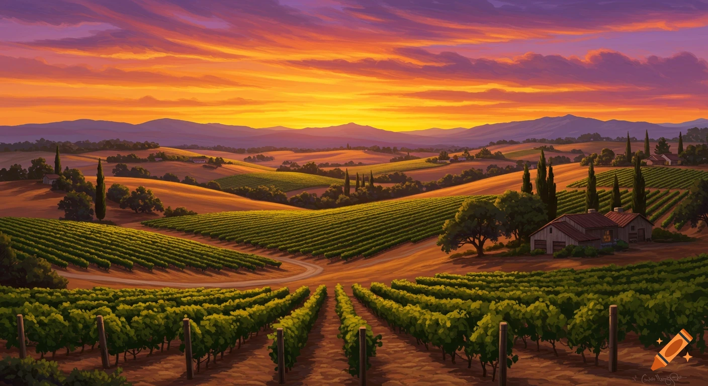 A painted landscape of rolling hills covered in vineyard rows during a vibrant orange and purple sunset.