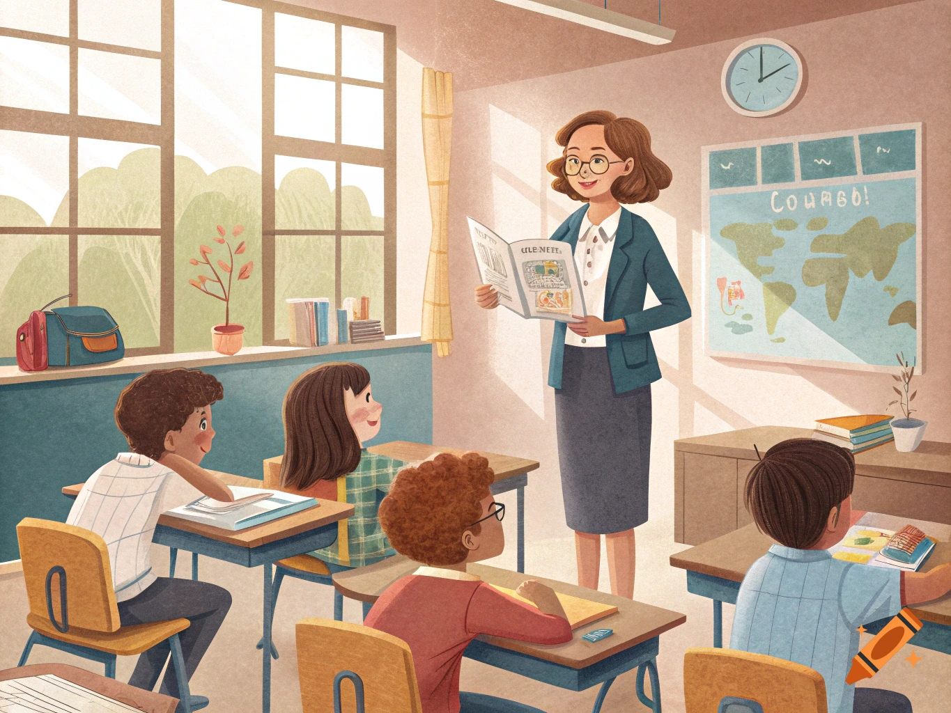A teacher reads a book to students sitting at desks in a sunny classroom.