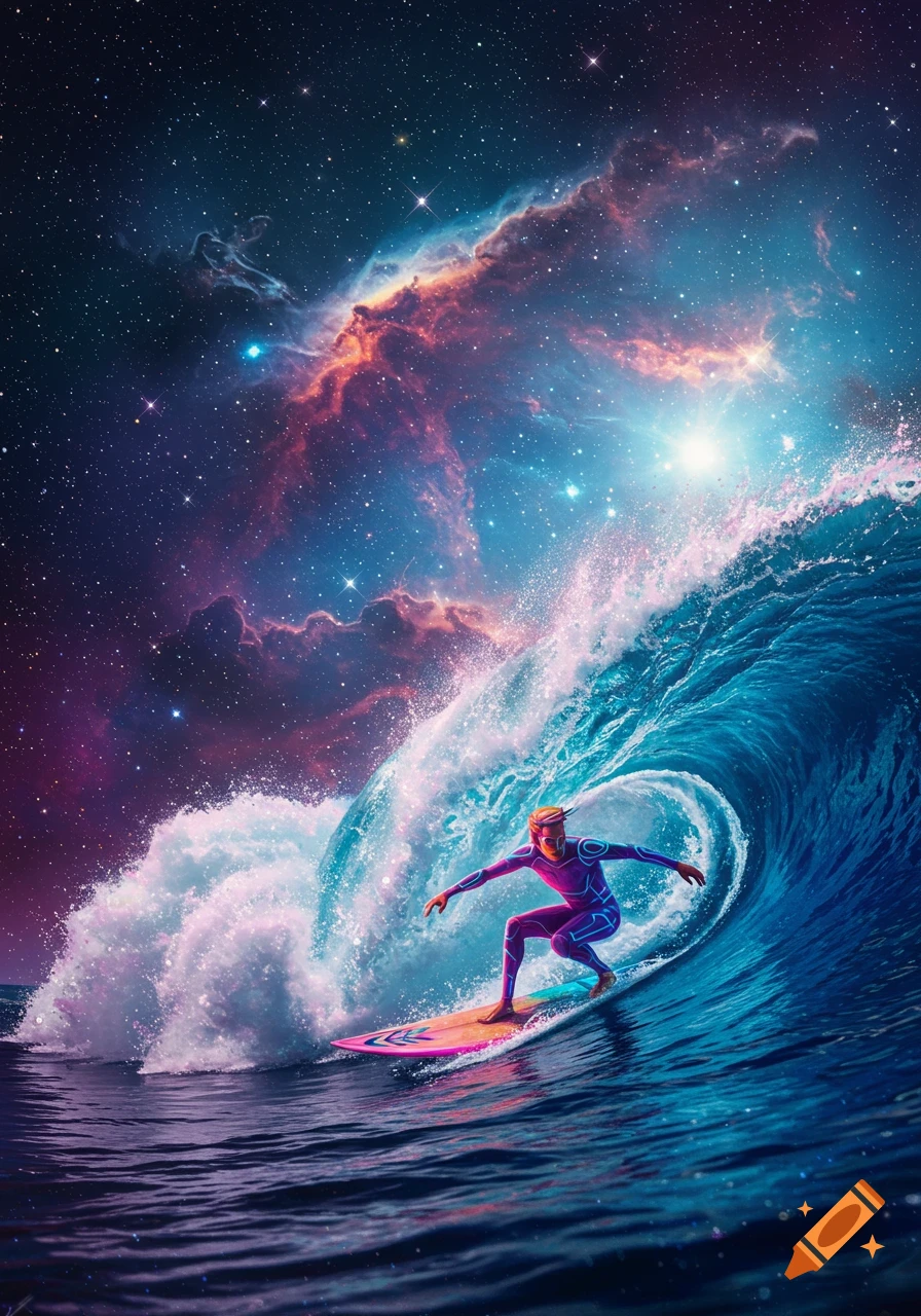 A surfer rides a giant wave beneath a starry sky filled with a colorful nebula.