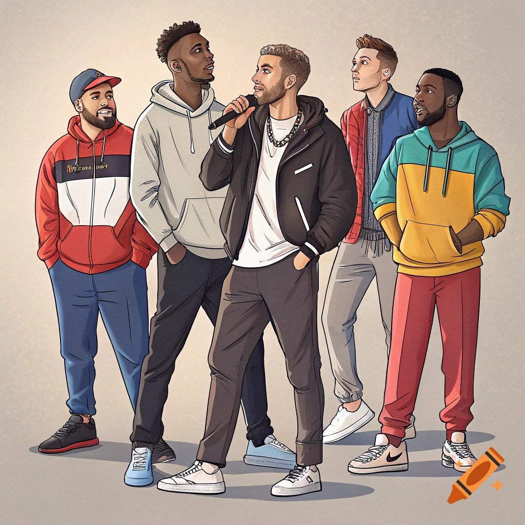 Illustration of five men in casual streetwear standing together, one holding a microphone.