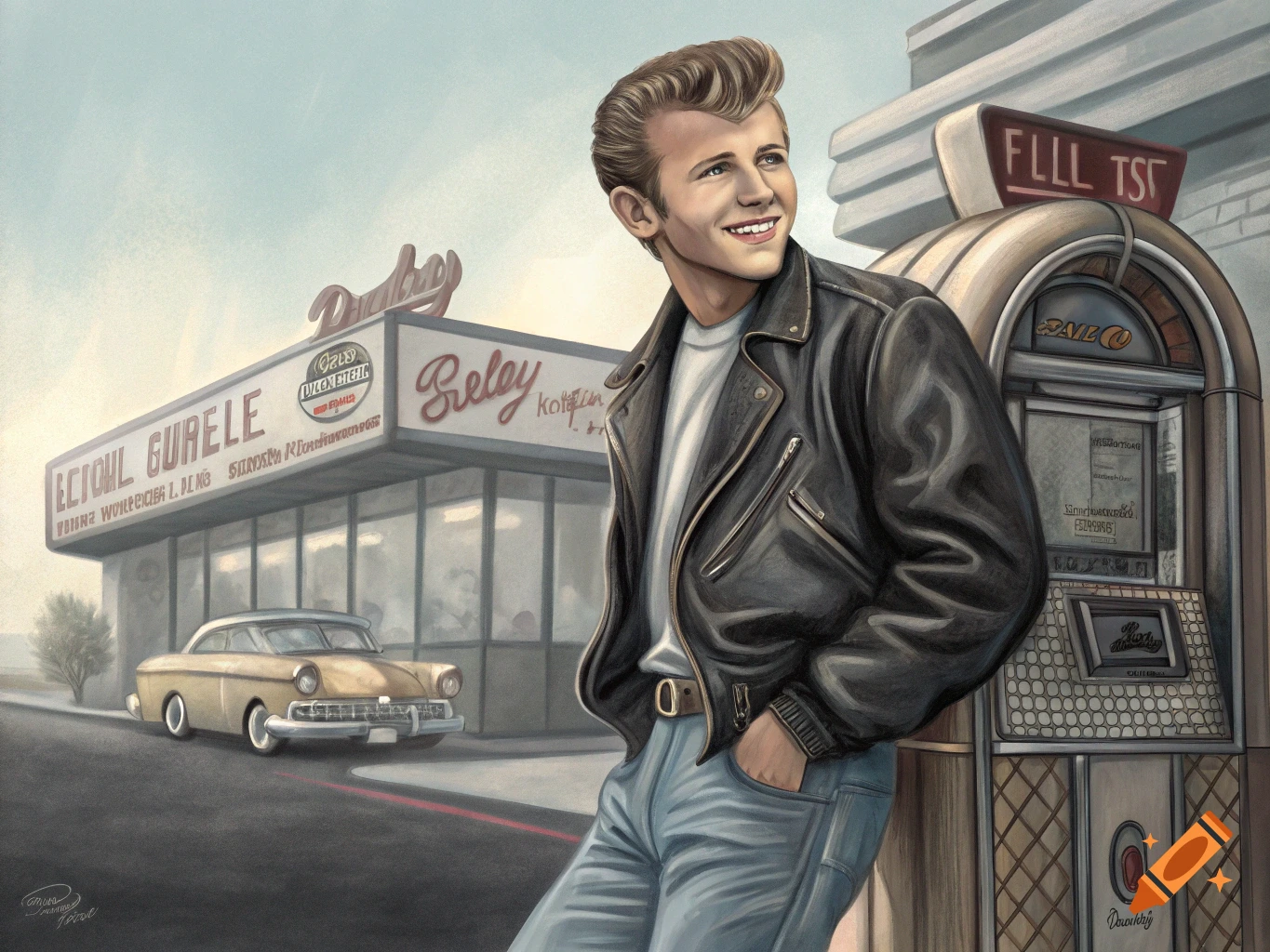 Young man in leather jacket leaning on a jukebox outside a retro 1950s diner with a classic car.