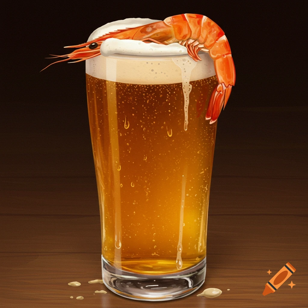 A glass of beer with a shrimp resting on the foam.