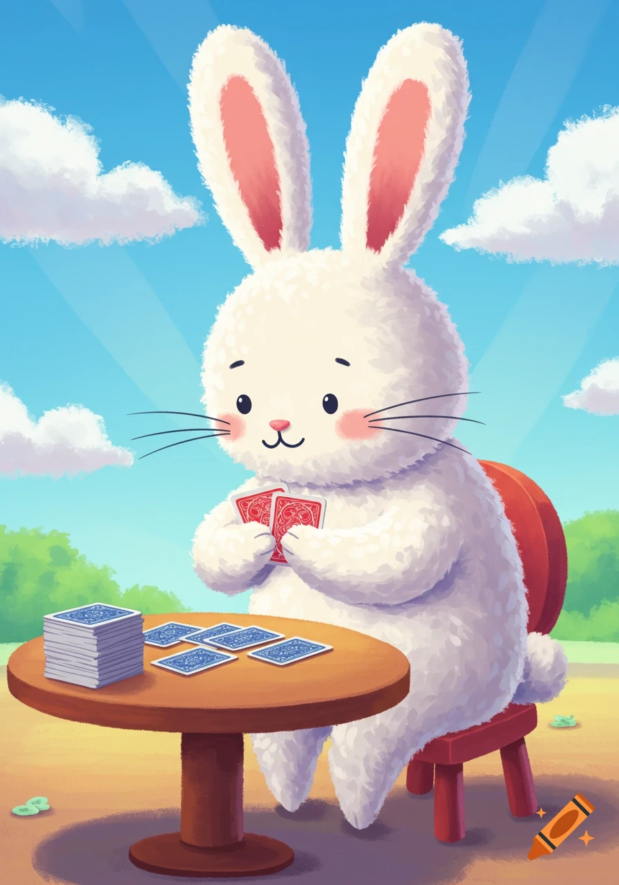 Cartoon rabbit playing cards at a table outdoors.