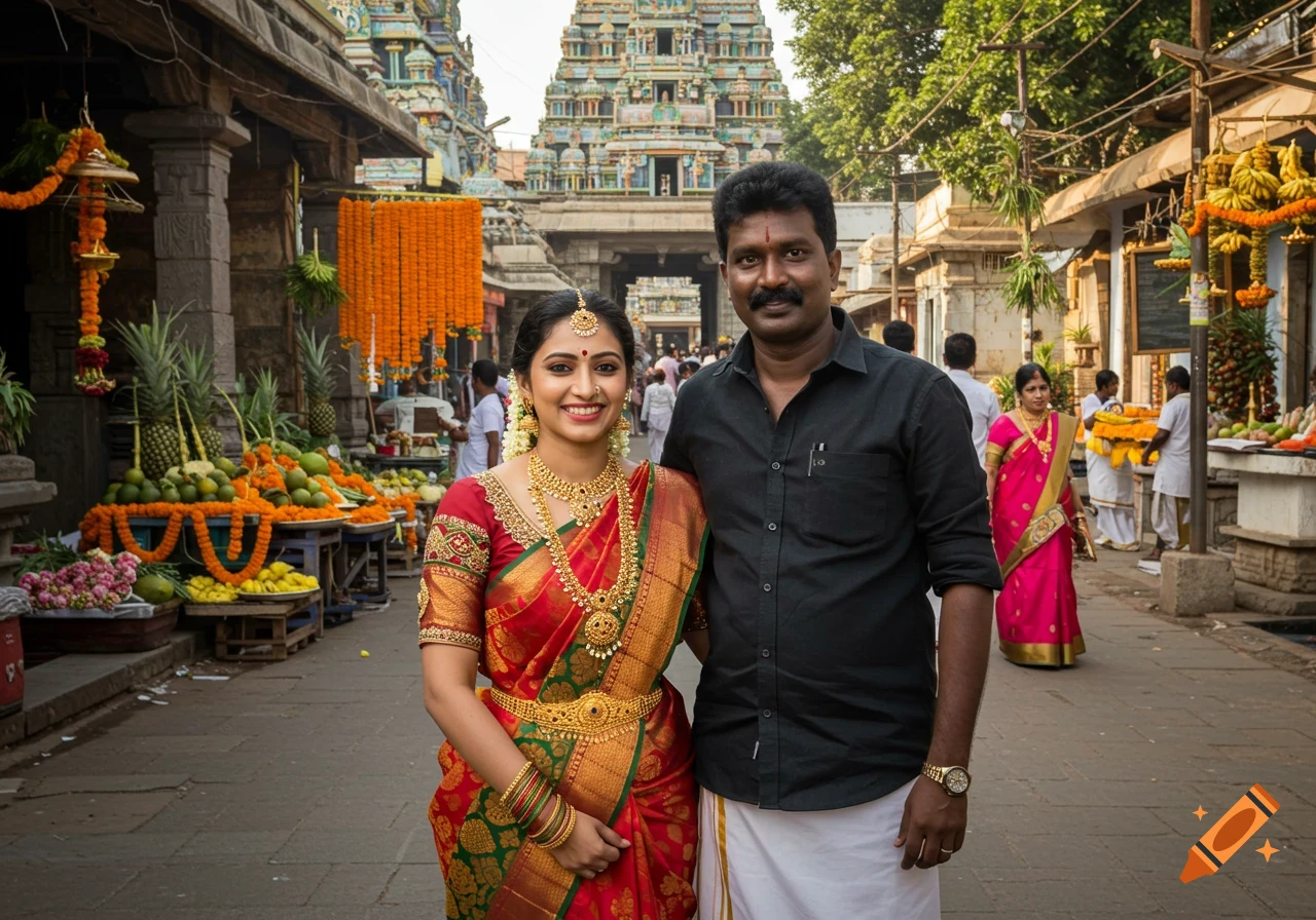 A couple in traditional Indian wedding attire stands in front of a temple entrance with market stalls.