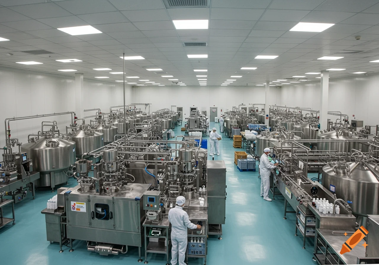 Workers in clean suits operate large stainless steel machinery in a modern factory cleanroom.