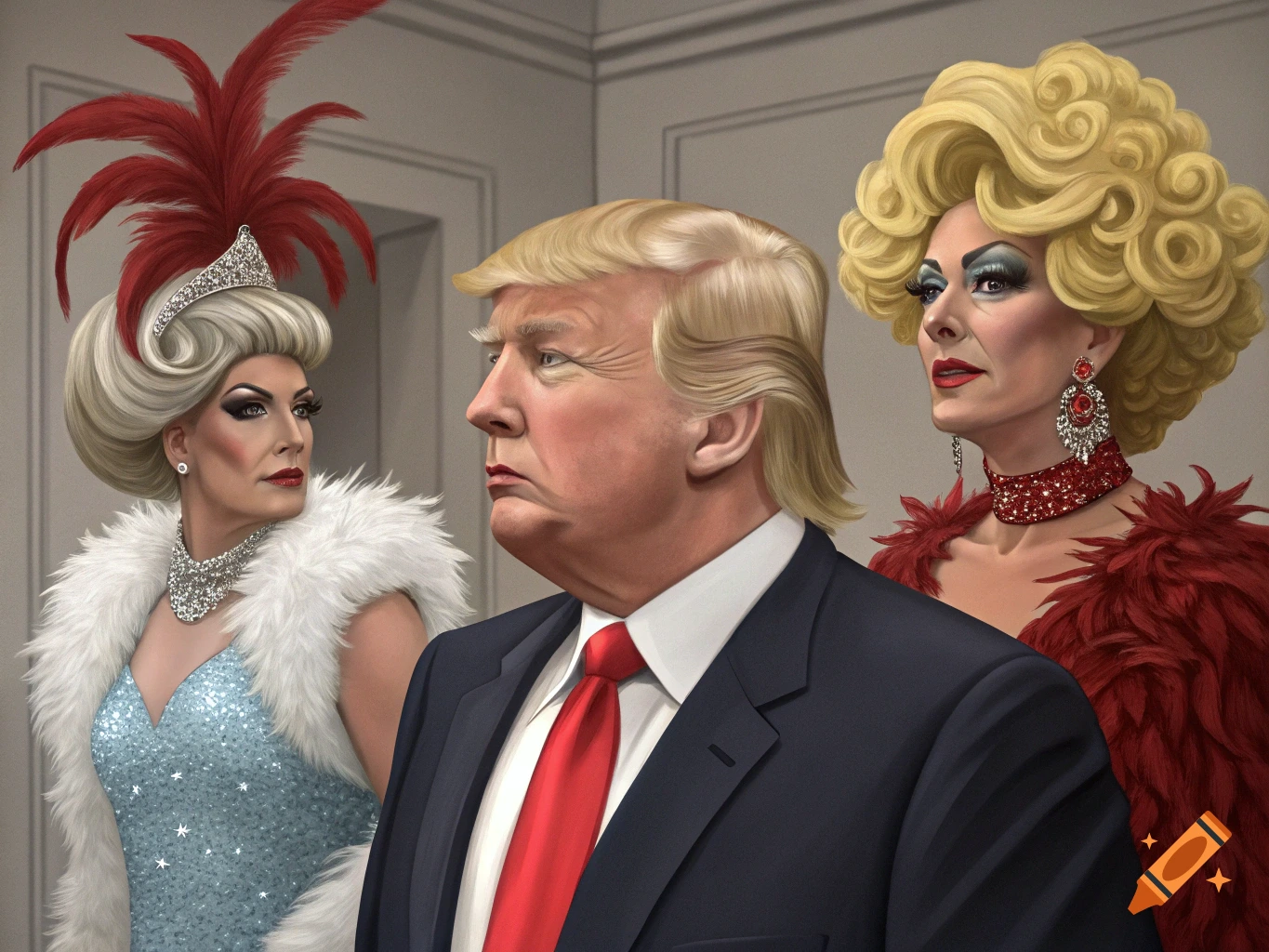 Painting of Donald Trump in a suit standing between two people in elaborate drag outfits.