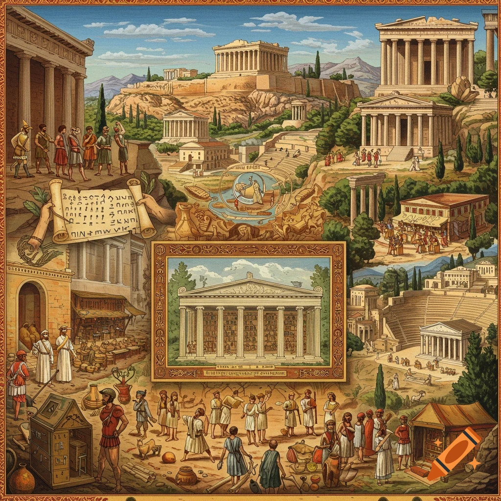 Historical illustration of ancient Greece with the Acropolis, temples, theatre, people, and a scroll.