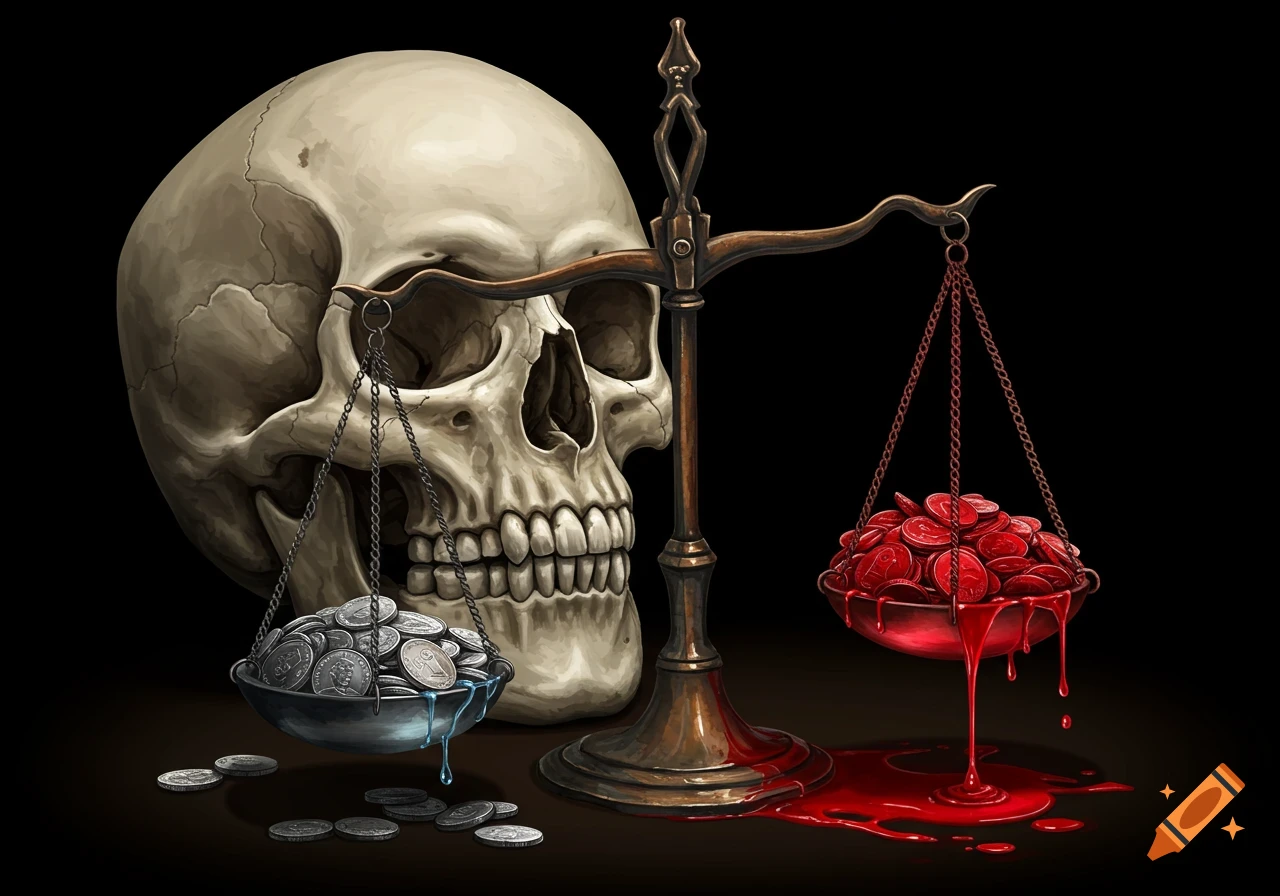 Still life of a skull next to scales balancing silver coins and blood on a black background.