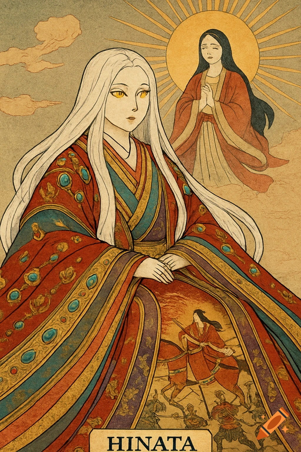 Ukiyo-e style illustration of an empress with white hair and golden eyes, with Amaterasu in the background and a battle scene on her robe.