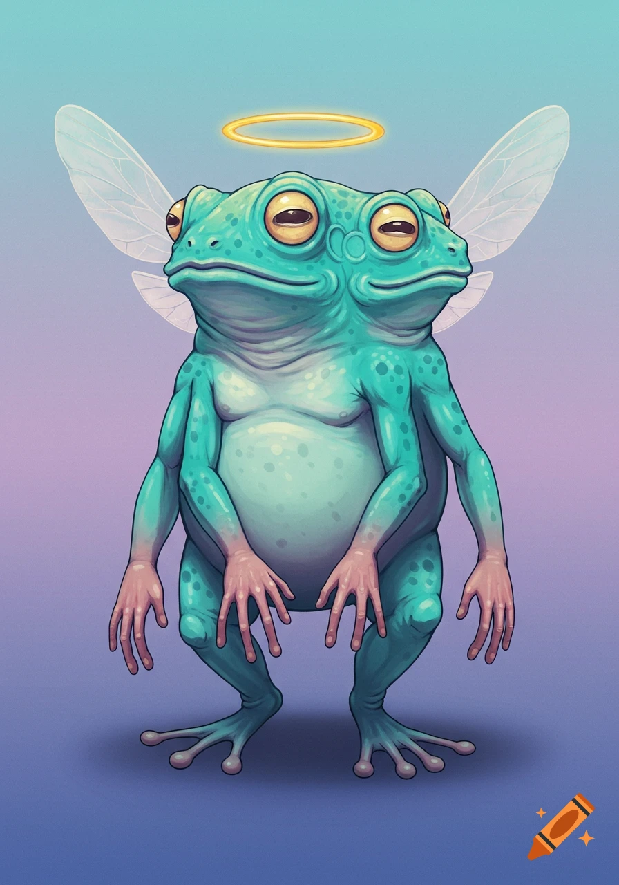 A teal three-headed frog with human hands, wings, and a halo stands against a gradient background.