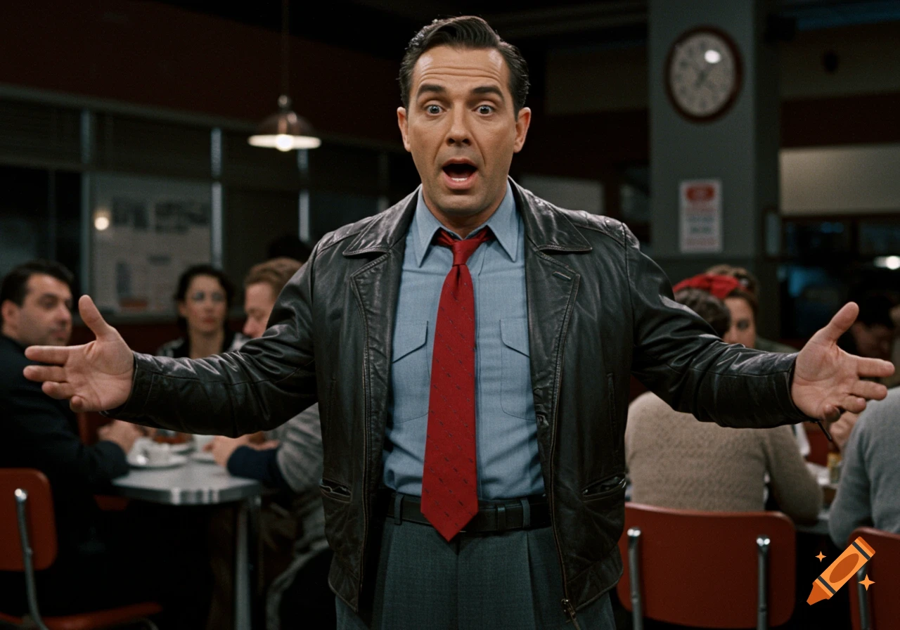 Man in leather jacket and tie in a 1950s diner, looking surprised or shocked.
