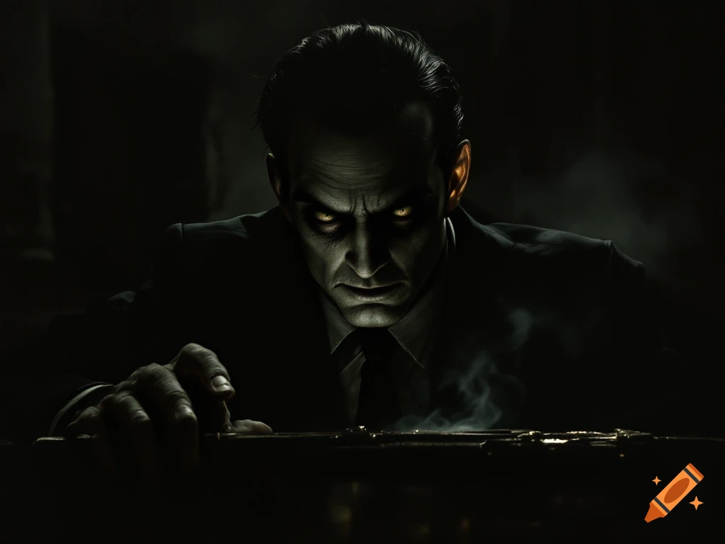 Dramatic portrait of a man in a suit with intense eyes and dark lighting.