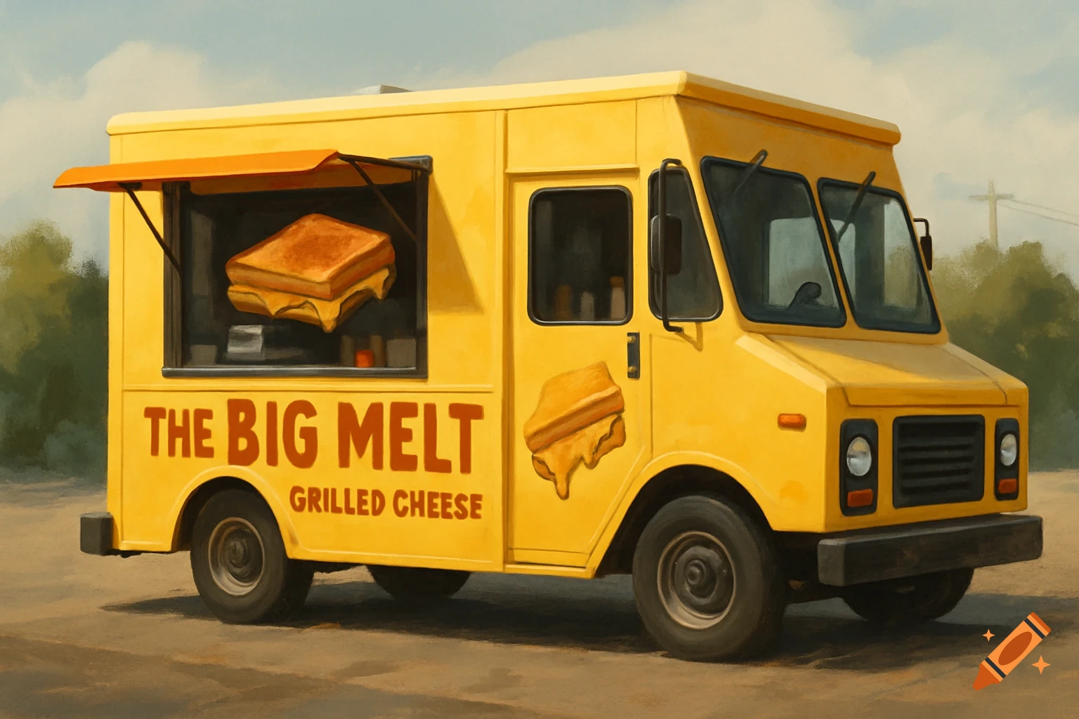 A yellow food truck with "The Big Melt Grilled Cheese" text and grilled cheese graphics, painted style.