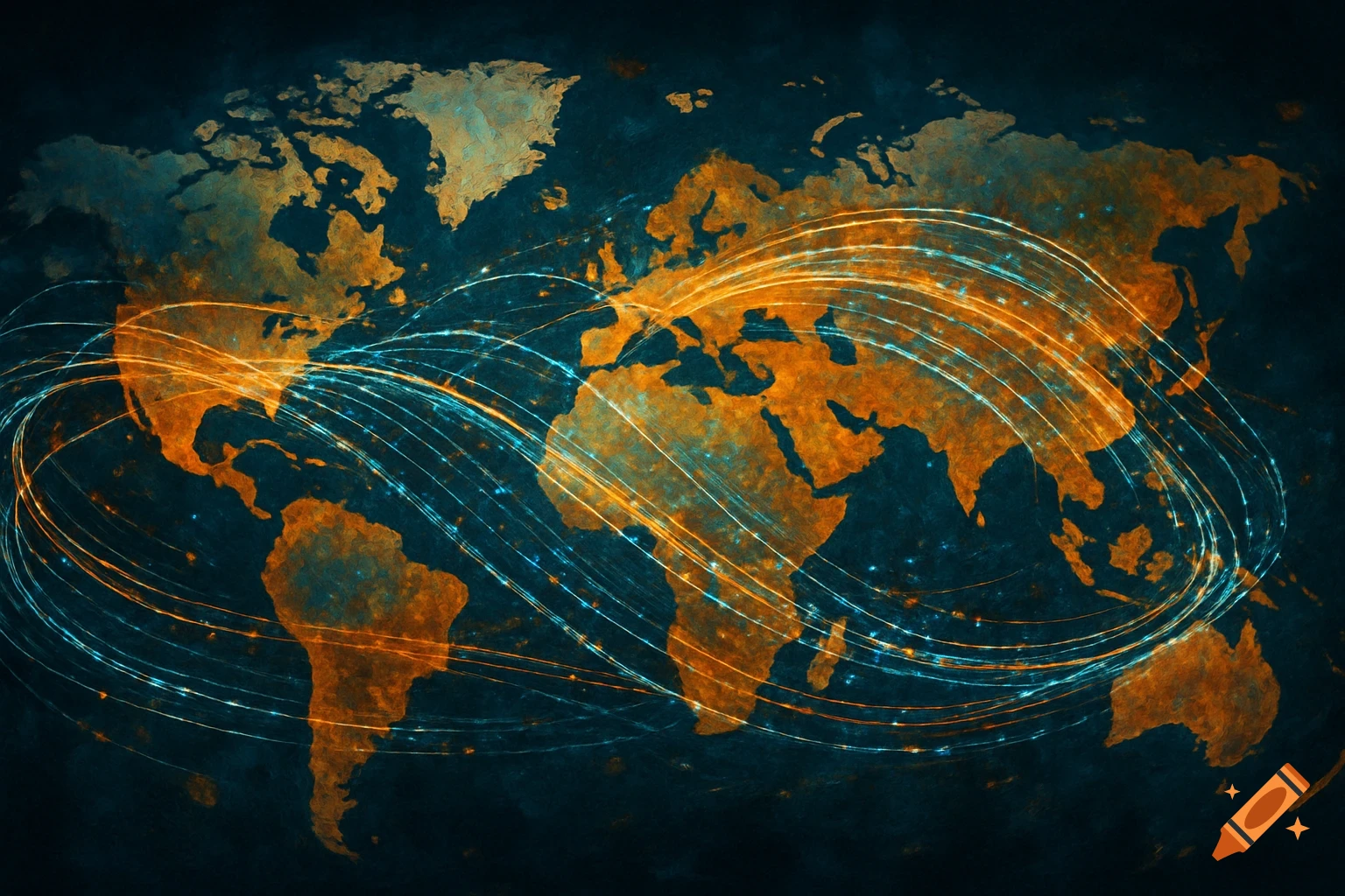Stylized world map with glowing data flow lines