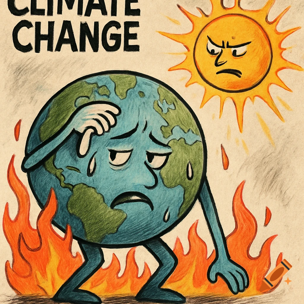 Editorial cartoon of sad Earth sweating in flames with angry sun, text 'CLIMATE CHANGE'. Colored pencil style.