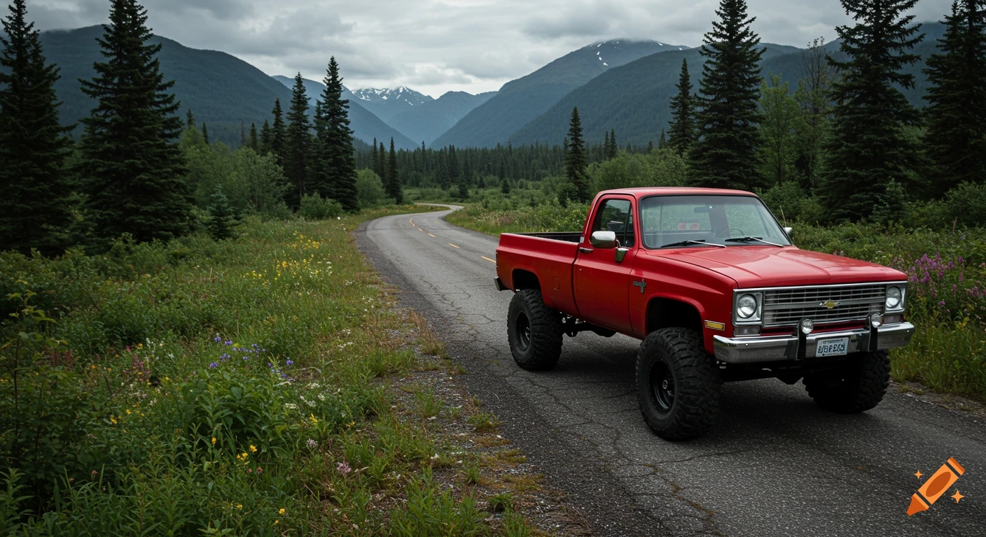 Red 1980s Chevrolet K10 pickup truck parked on a winding mountain road in a forest landscape.