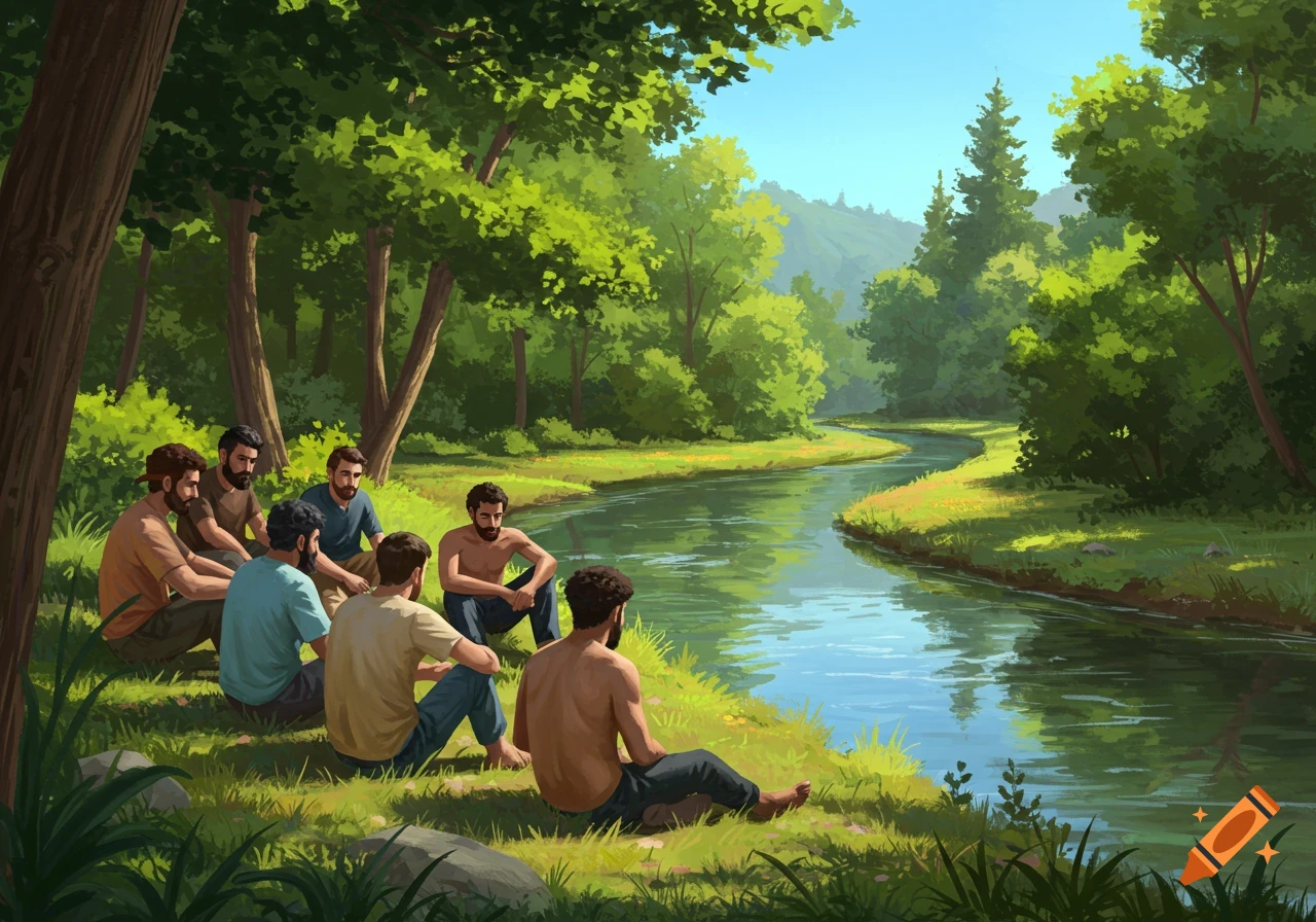 A group of men sit by a winding river in a lush forest.