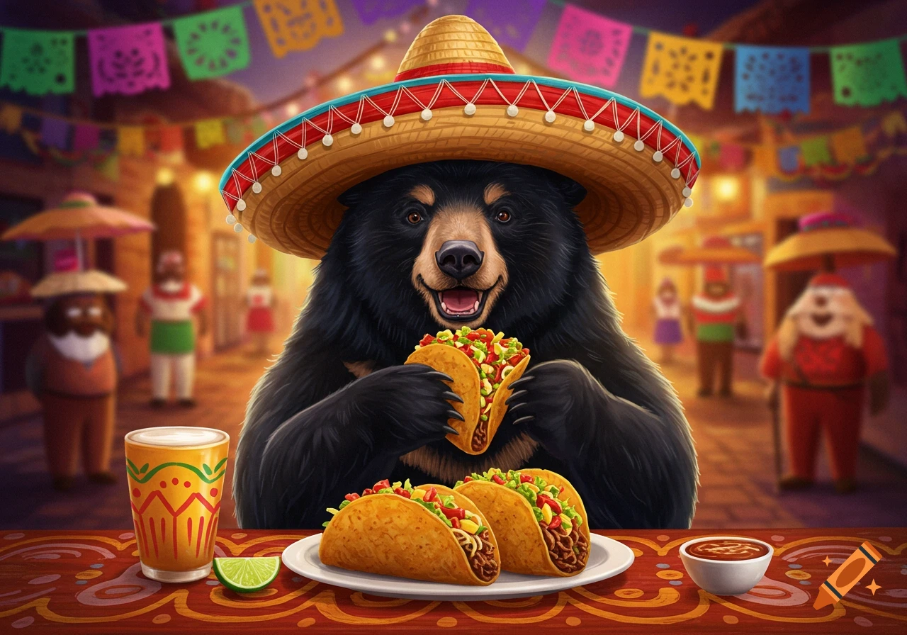 A black bear in a sombrero eats tacos at a table in a festive Mexican scene.