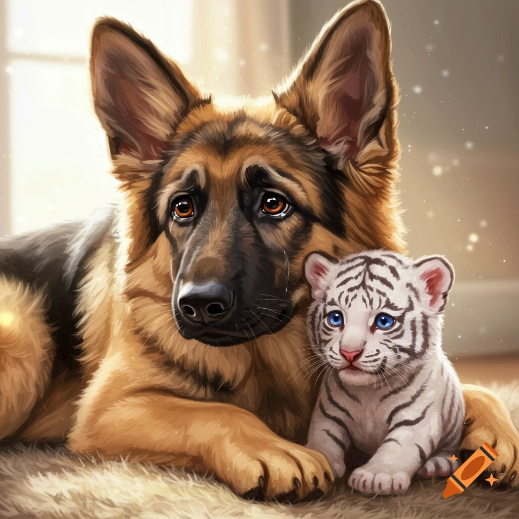 Close-up of a crying German Shepherd dog and a crying white tiger cub side-by-side