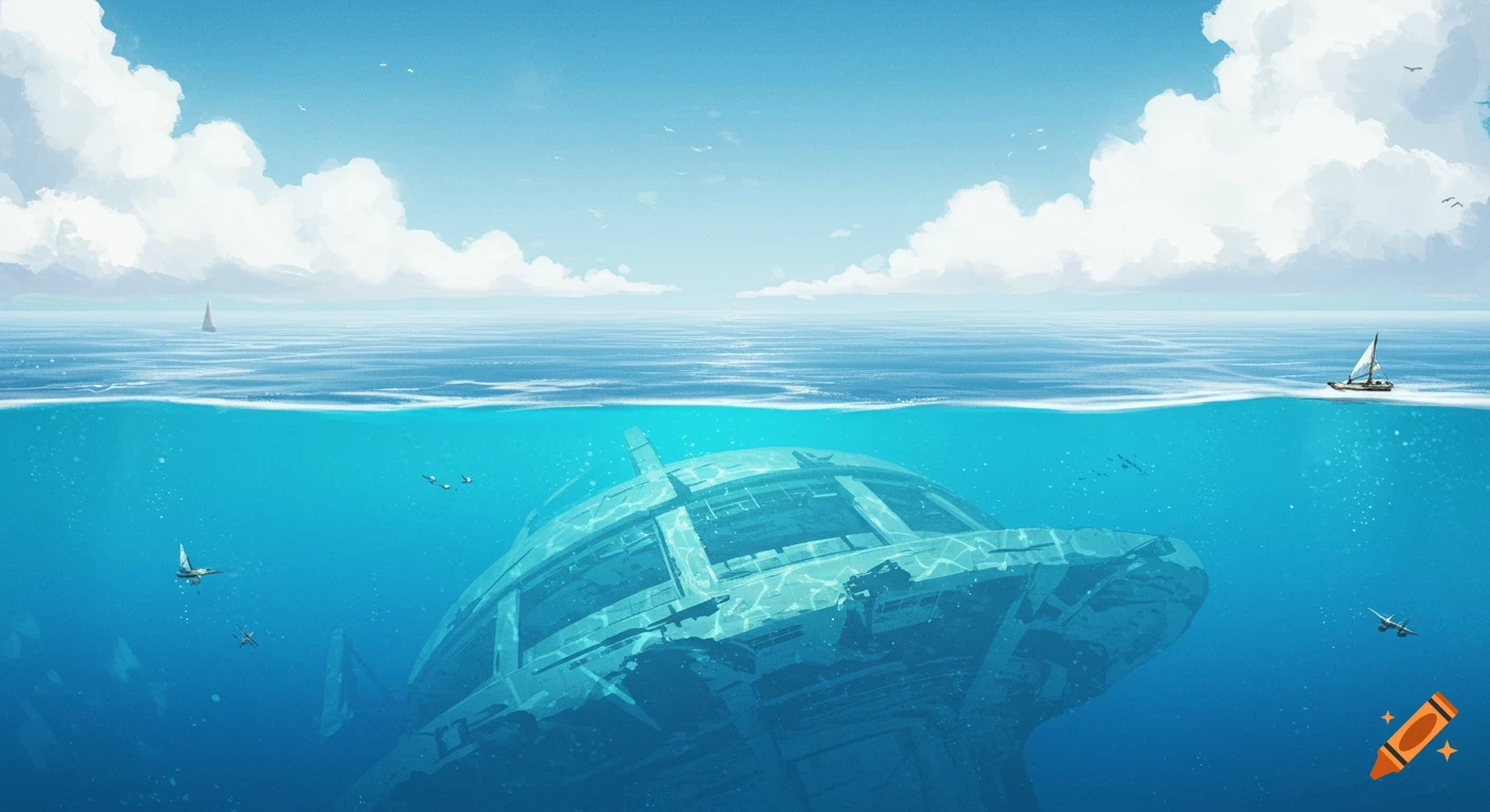 Split view of calm blue sea surface & sky with sailboat; underwater shows sunlight dappling a large sunken futuristic building.