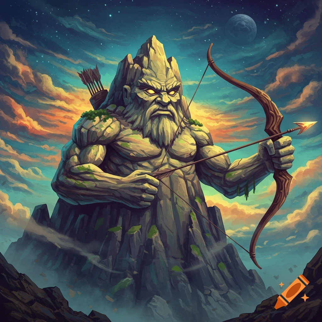 Fantasy art of a colossal mountain giant holding a bow and arrow under a dramatic sky.