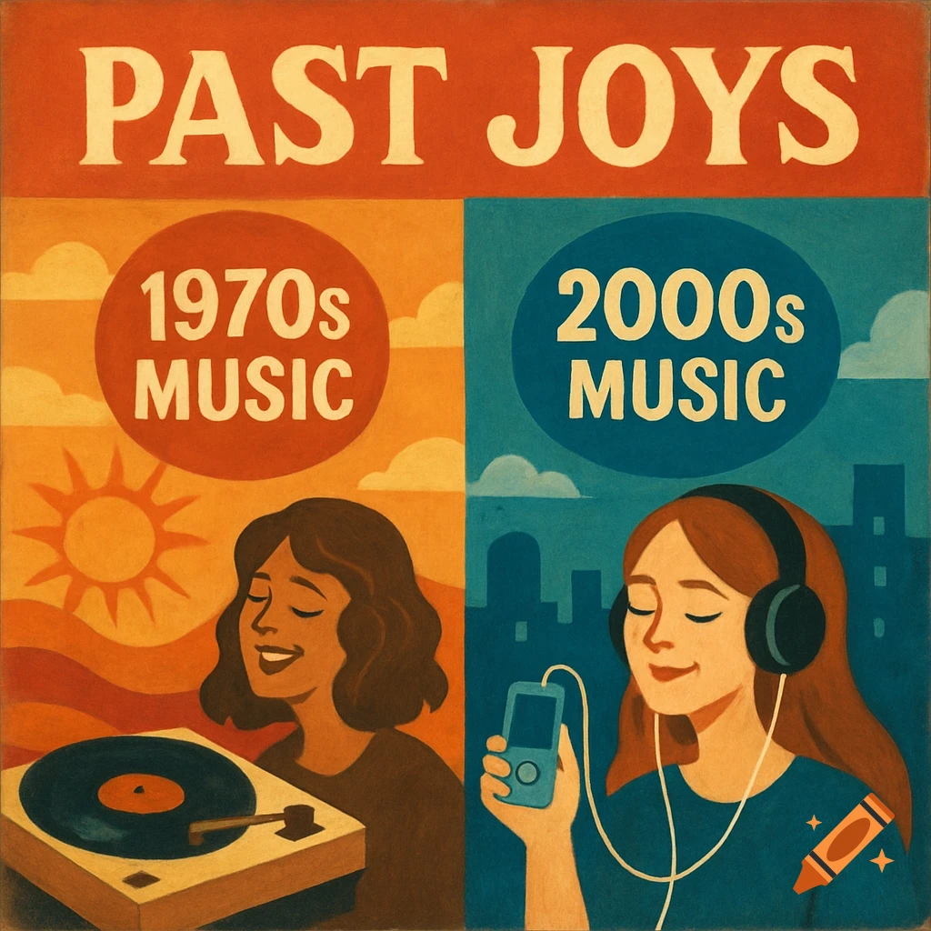 Split image album cover titled "Past Joys". Left side shows a woman listening to a record player (1970s Music). Right side shows a woman listening to an iPod (2000s Music). Styled like a vintage poster.
