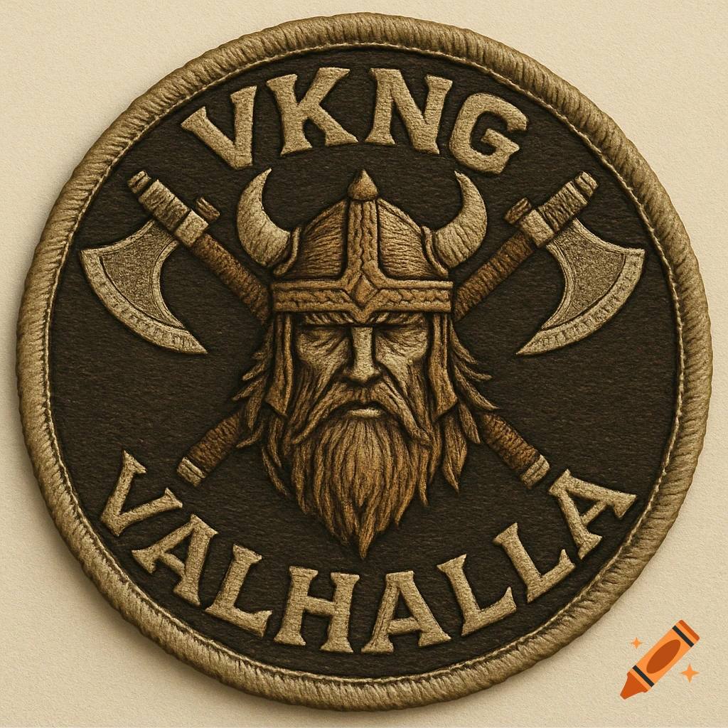 Embroidered patch featuring a Viking face, crossed axes, and the text 'VKNG VALHALLA'.
