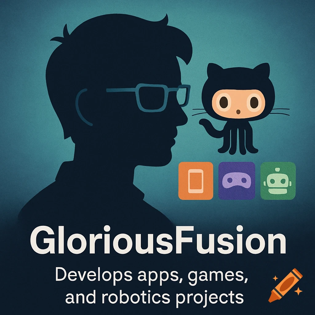 Profile illustration of a person's silhouette in glasses next to a cartoon cat mascot and icons for mobile, gaming, and robotics. Text reads "GloriousFusion Develops apps, games, and robotics projects".