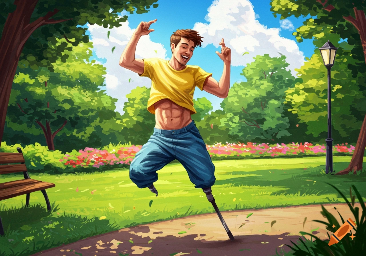 Illustrative rendering of a man with a prosthetic leg dancing joyfully in a park.