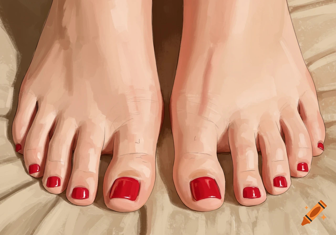 Close up of two bare feet with red nail polish on fabric.
