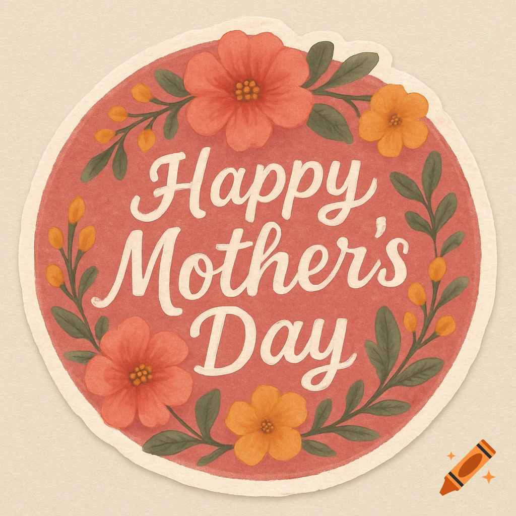 A circular sticker design with the text "Happy Mother's Day" surrounded by red and yellow flowers and green leaves.