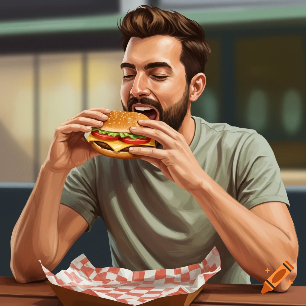 A man happily eats a large burger at a table in a digital painting style.