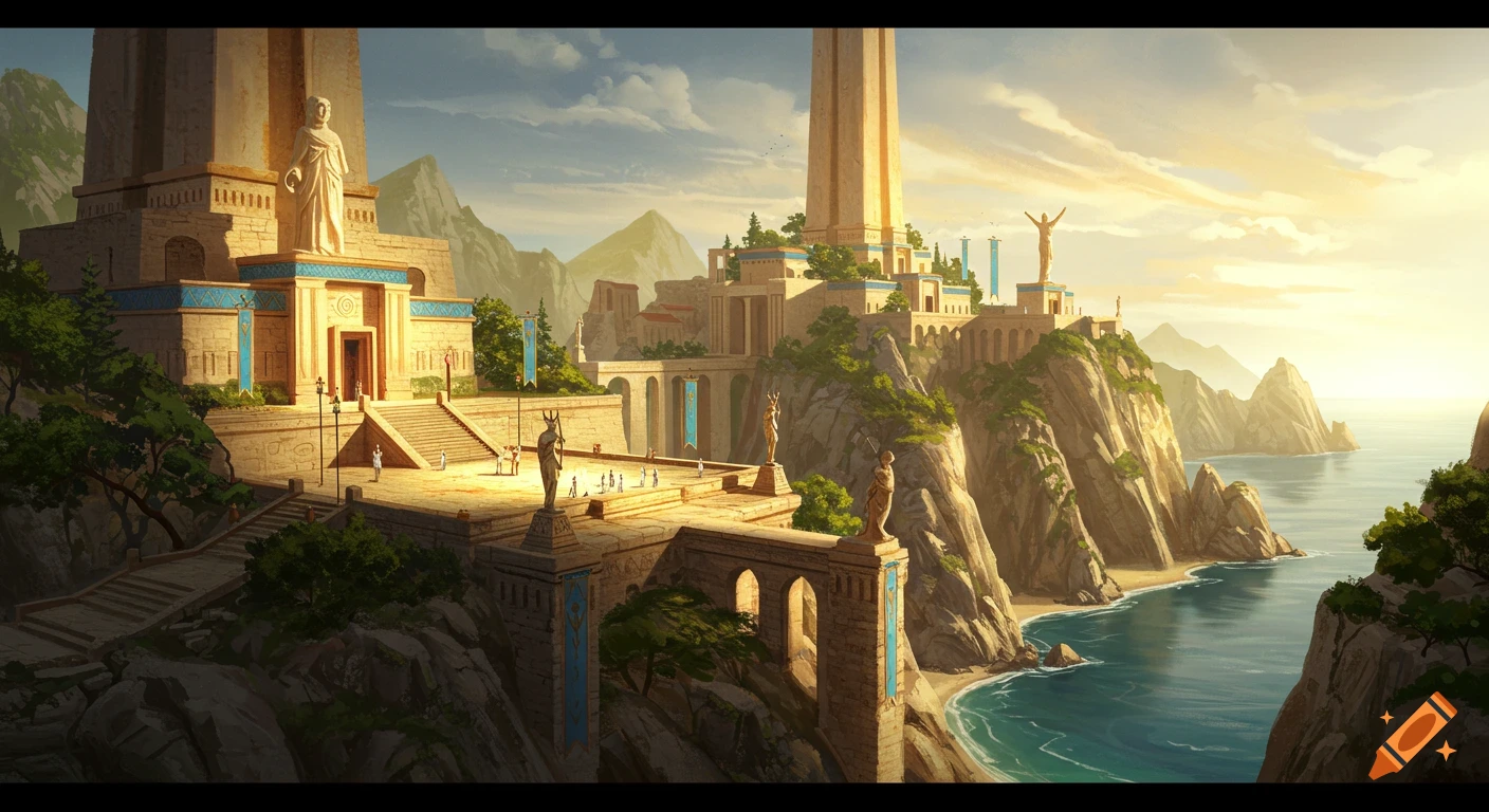 A fantasy city built on coastal cliffs with towers, temples, and ...