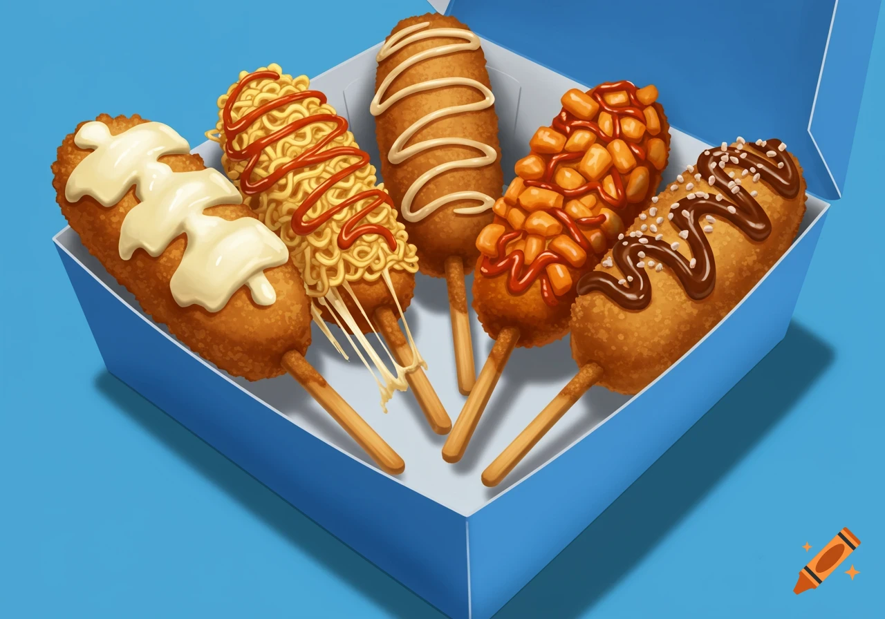 Five Korean corn dogs with various toppings in a blue box.