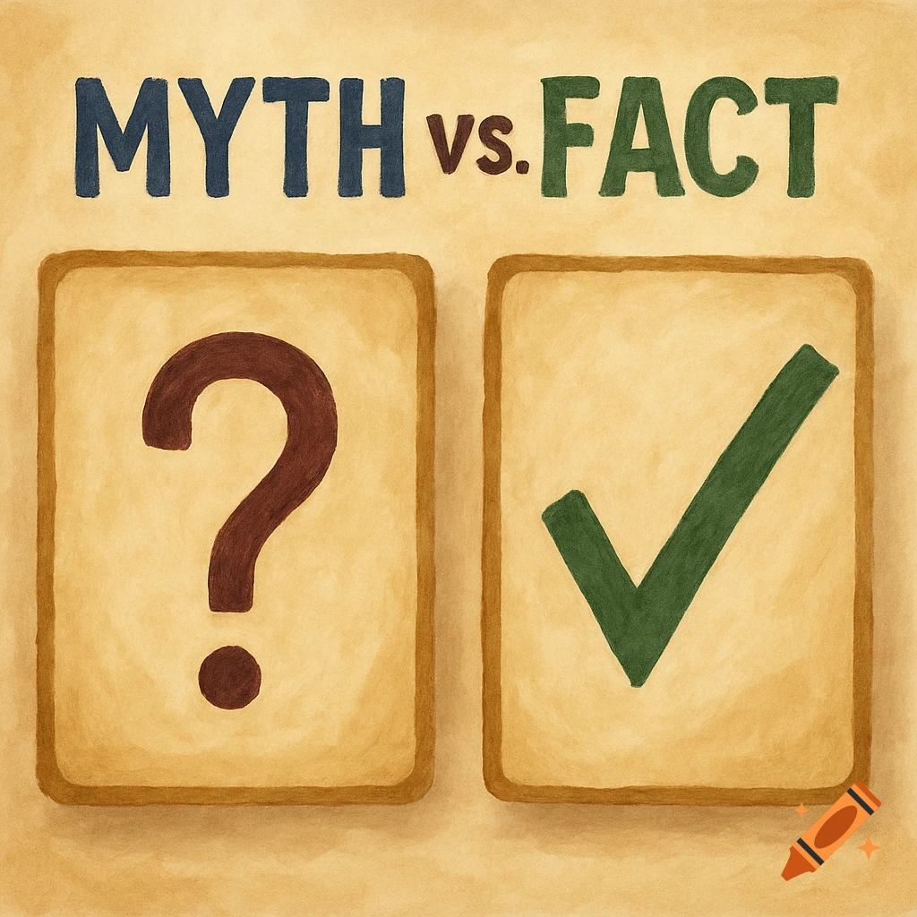 Illustration shows 'Myth vs. Fact' text above cards with a question mark and a checkmark.