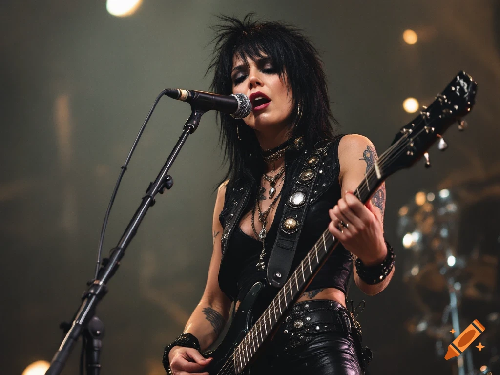Female rock musician playing guitar and singing on stage