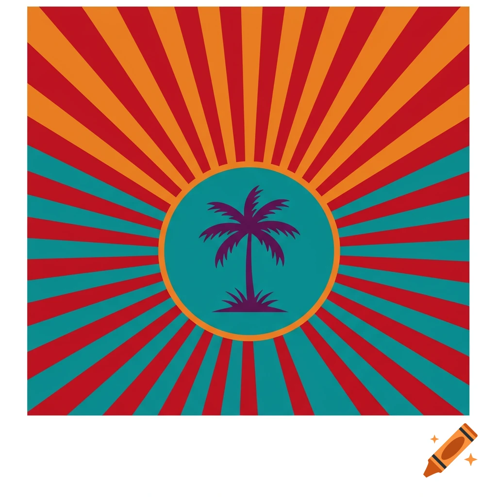 Graphic design of a purple palm tree in a teal circle against radiating red, teal, and orange stripes.