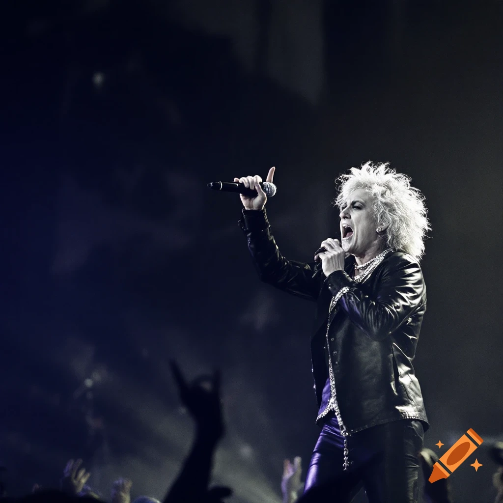 Performer with white spiky hair sings into a microphone on stage at a concert.