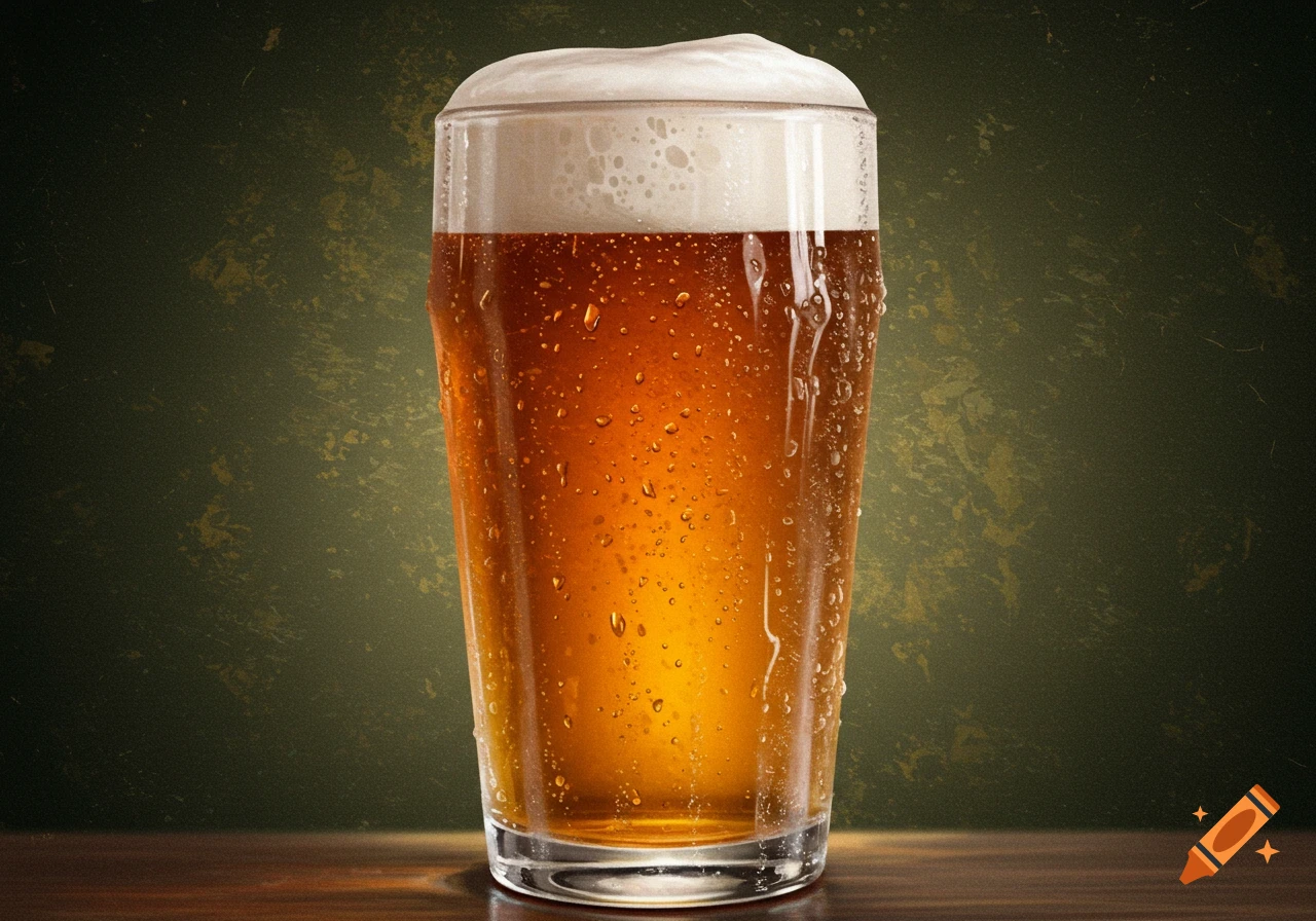A close-up photorealistic image of a glass of beer with foam and condensation on a wooden surface.