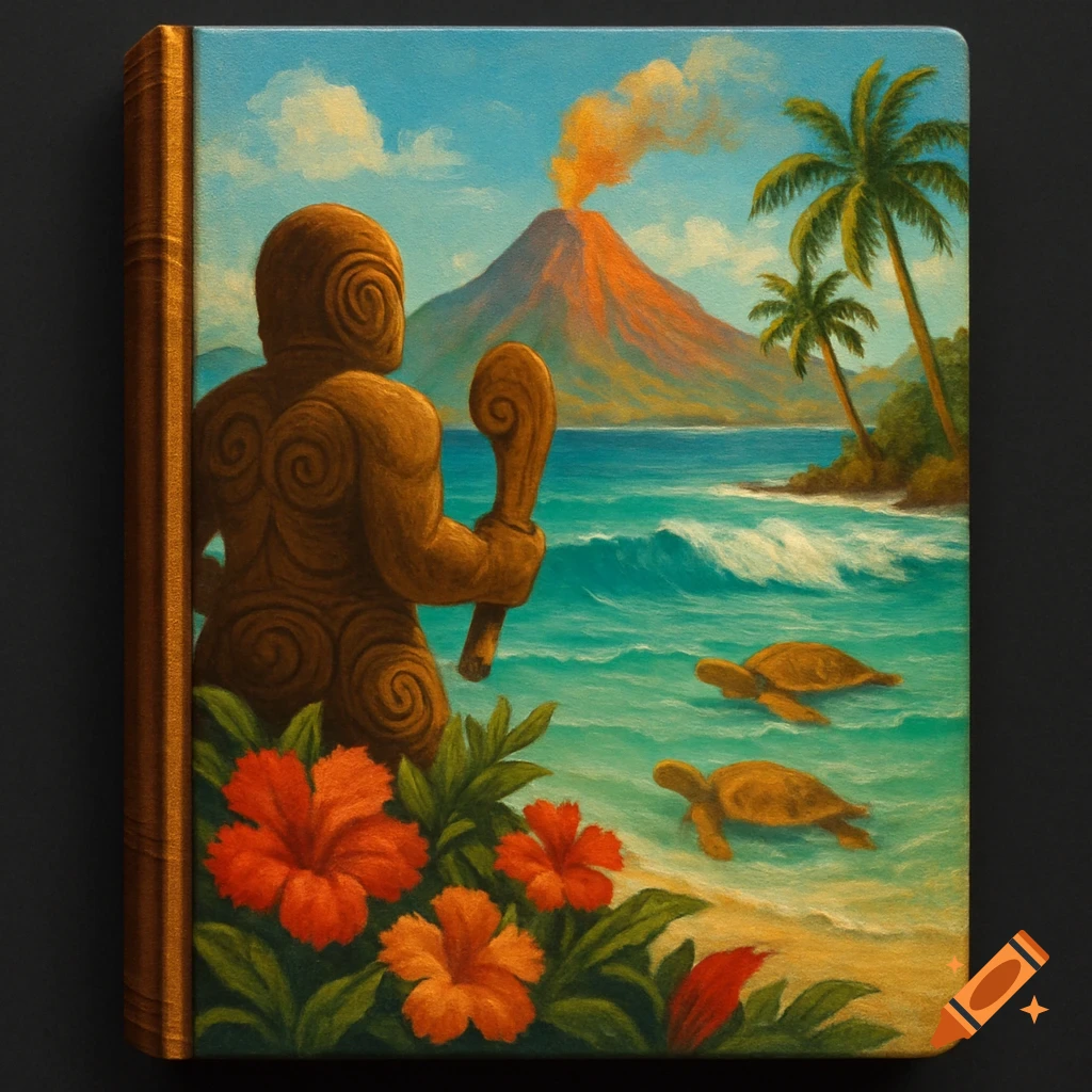 Painting of a statue-like figure looking at a tropical island scene with a volcano, beach, turtles, and flowers, styled as a book cover.