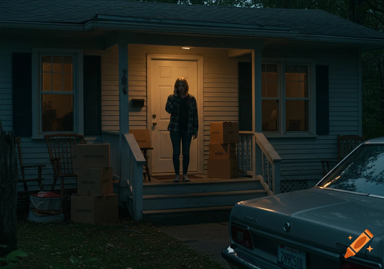 Person on porch with moving boxes, house, and car, dark cinematic style.