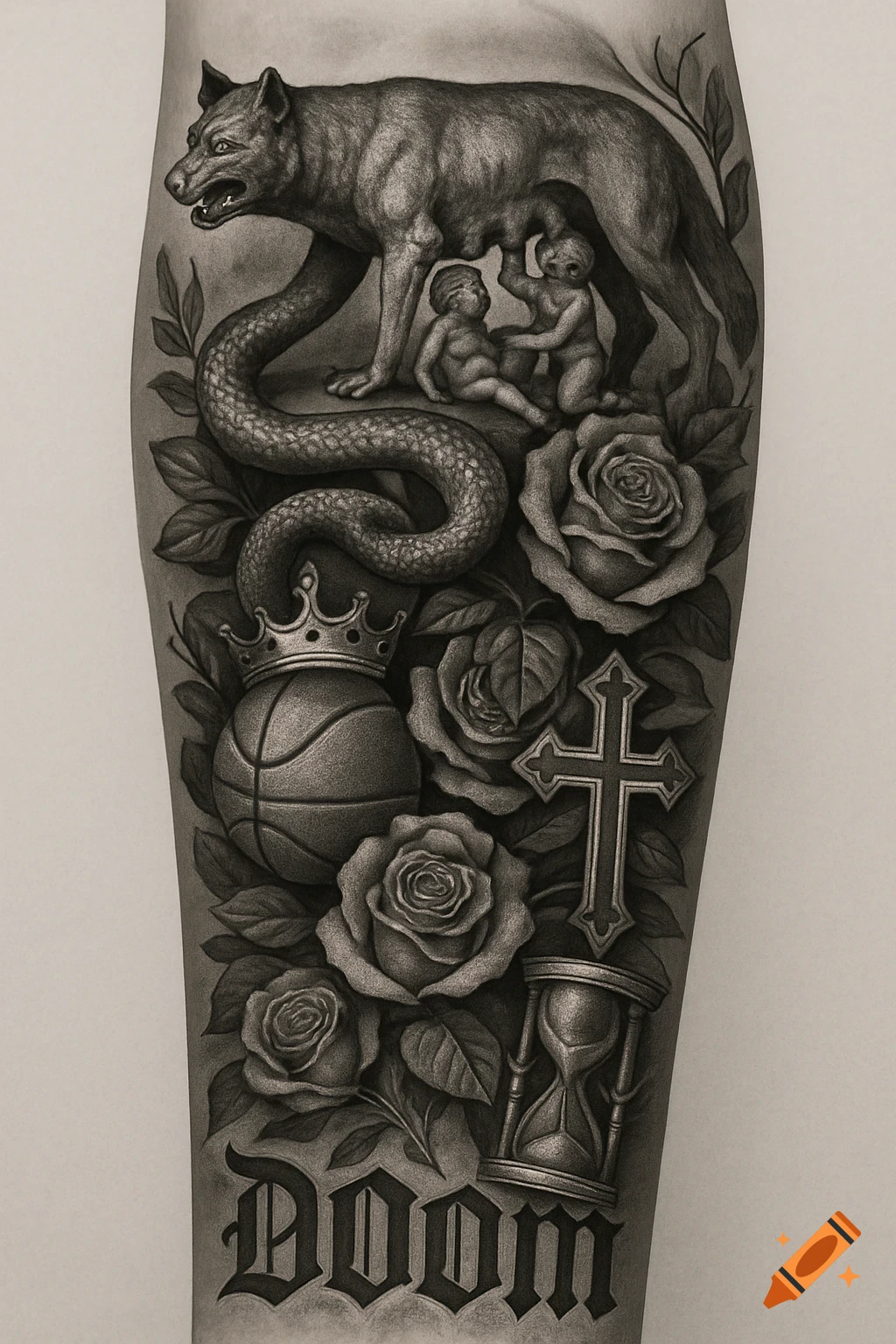 Grayscale tattoo design with she-wolf suckling babies, snake, roses, crowned basketball, cross, hourglass, and "DOOM" text.