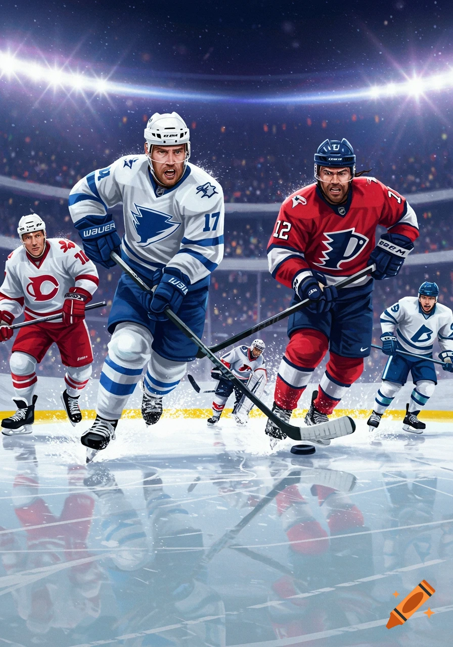 Hockey players skate on the ice during a game in a vibrant digital painting.