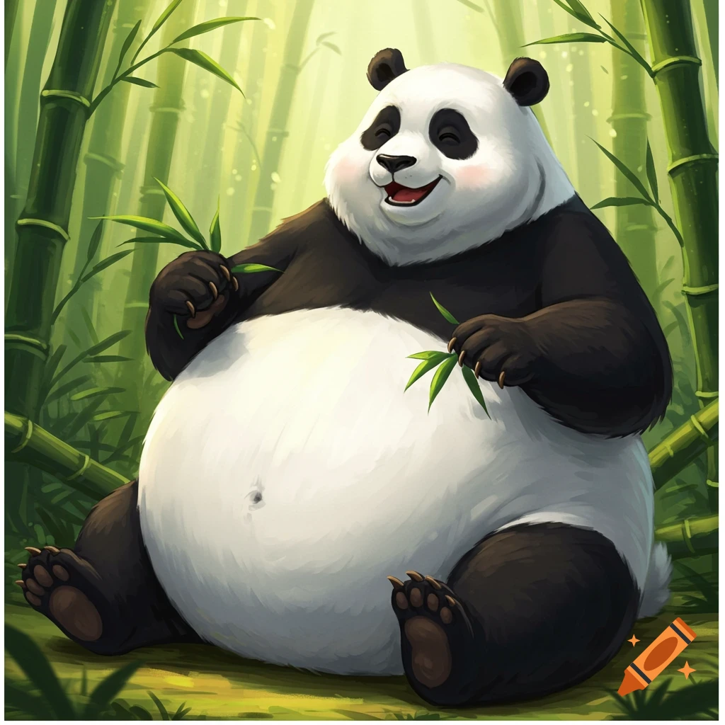 Illustration of a fat panda sitting in a bamboo forest, eating bamboo leaves.