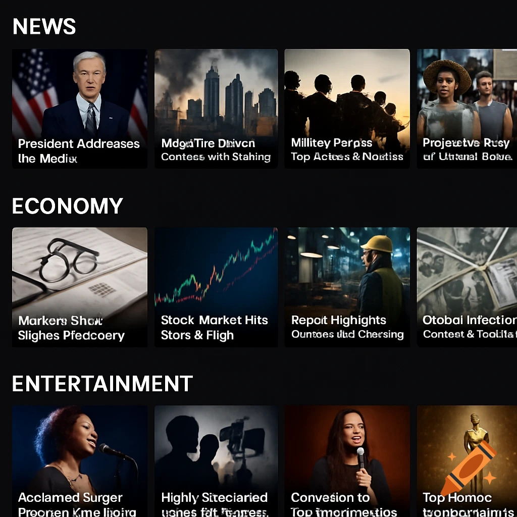 A web interface mockup showing categories like NEWS, ECONOMY, and ENTERTAINMENT, with thumbnail images and gibberish text titles below.