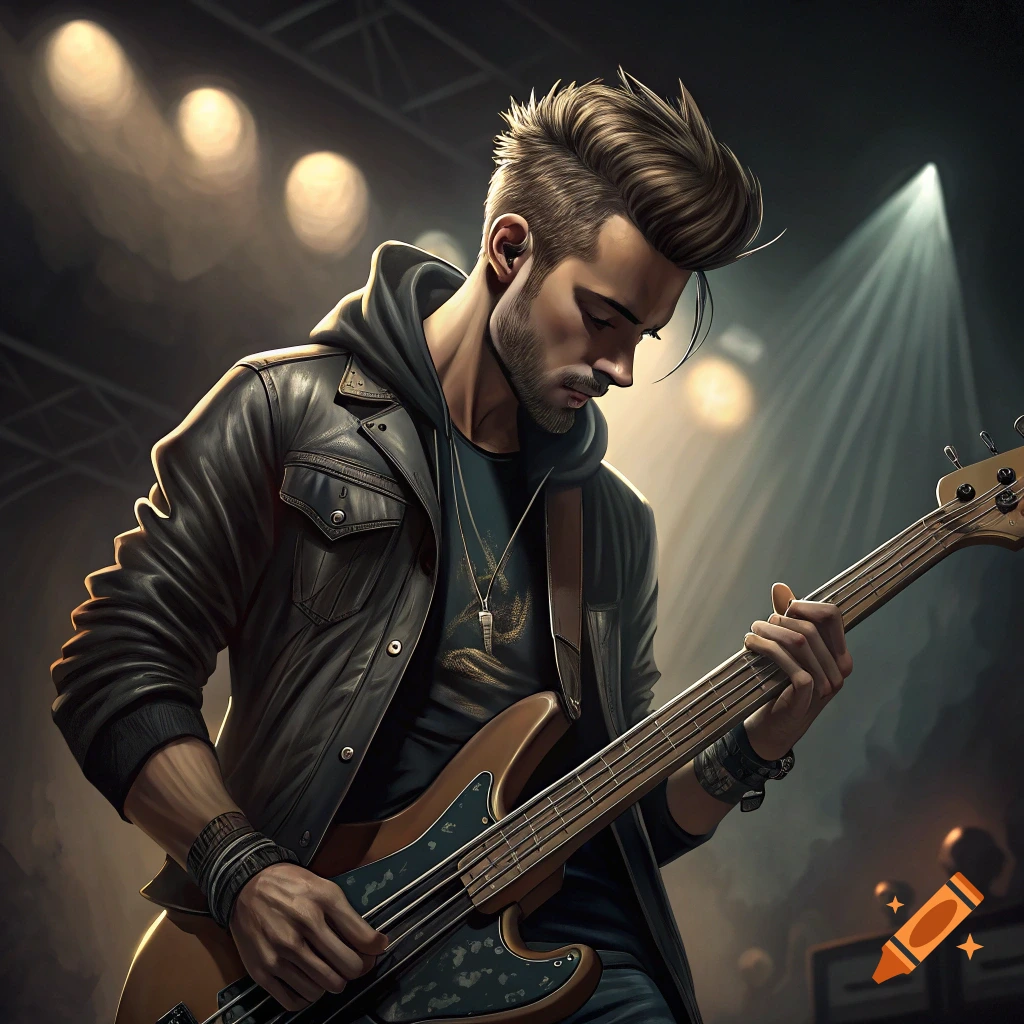 A musician plays a bass guitar on a stage bathed in spotlights.