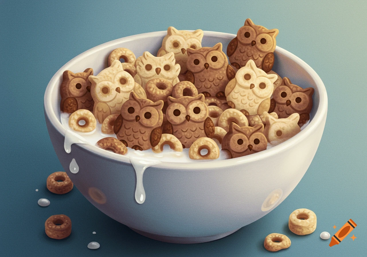 A bowl of milk filled with owl-shaped cereal pieces.